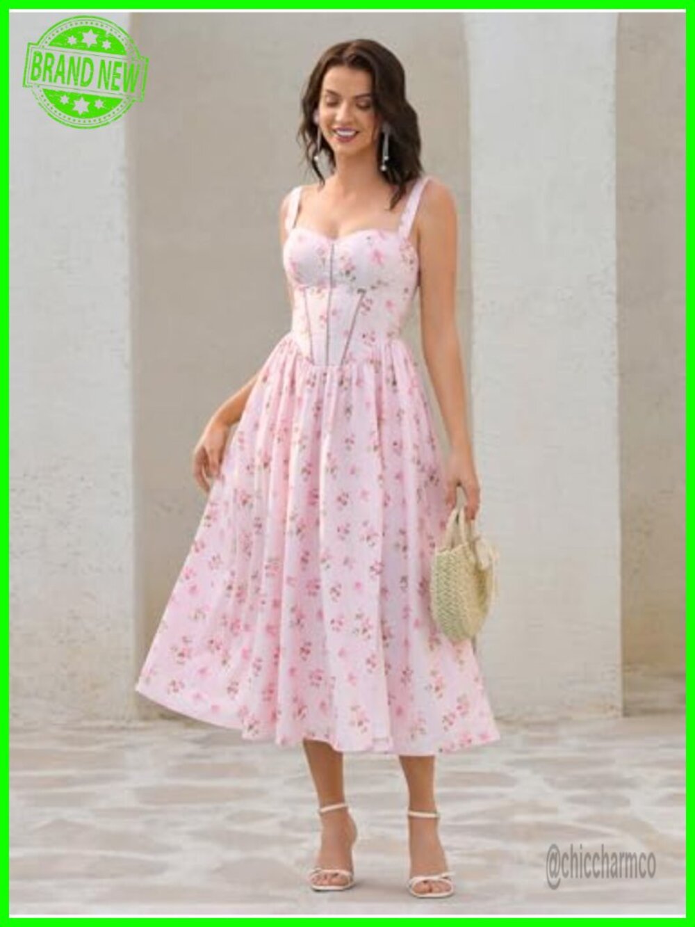 Floral Corset Midi Dress with Pockets Flowy Square Neck Smocked A-Line Summer - Picture 6 of 7